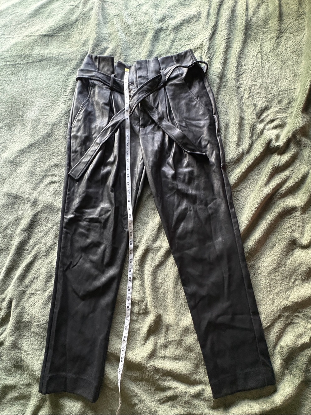 DKNY Black High-Waist Faux Leather Trousers with Tie Belt